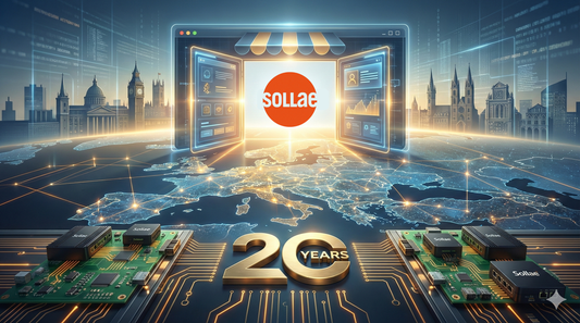 Sollae 20th anniversary digital banner celebrating European market expansion with IoT devices, gold logo, and network map