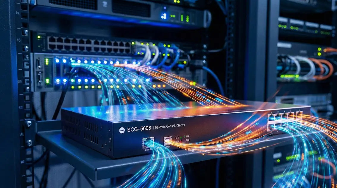 Network switch in a server rack with abstract light effects