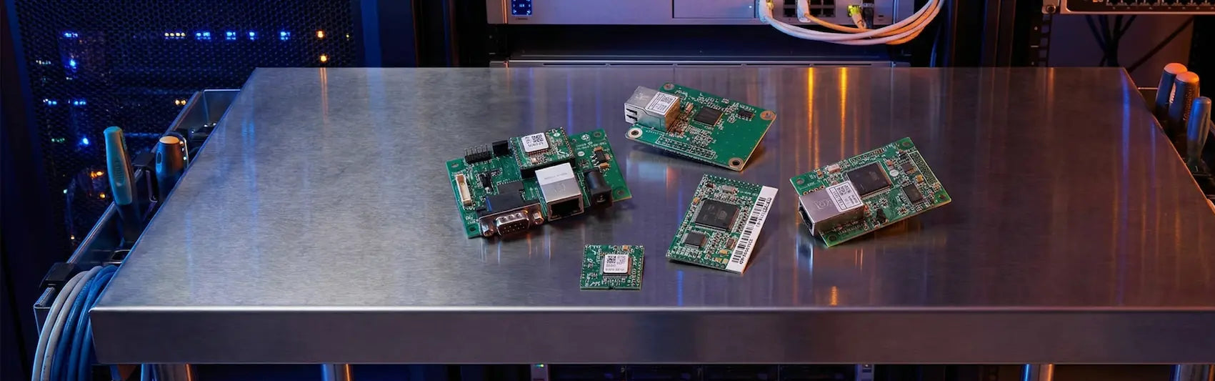 Electronic components on a metallic surface with a blurred background