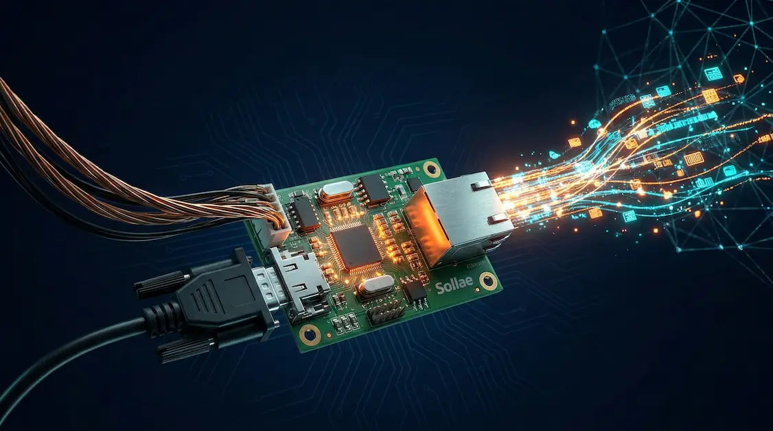 Computer motherboard with illuminated connections on a dark background